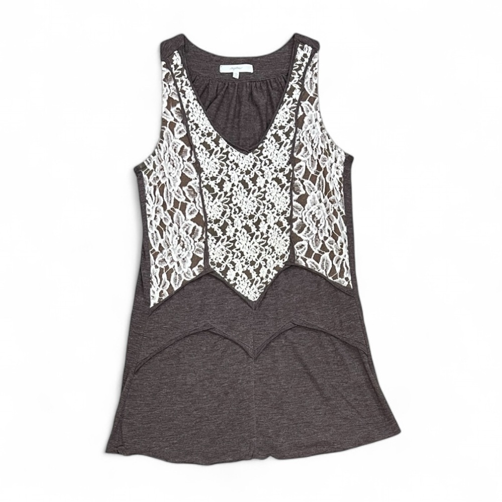 Mystree Brown Sleeveless Top with Ivory Lace Size Small - Picture 2 of 16